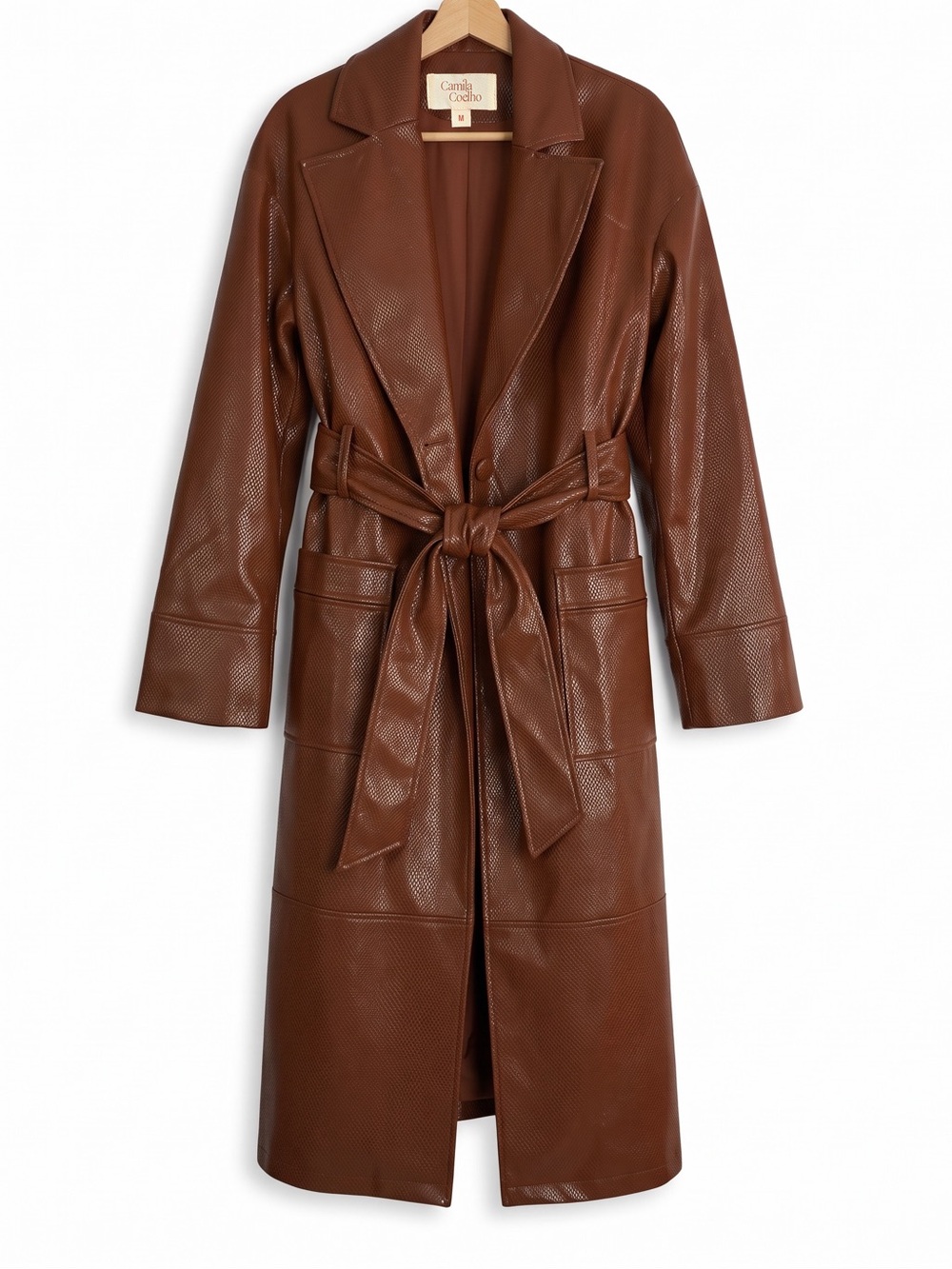 Revolve Camila Coelho Esma Trench Coat Cognac Vegan Leather Belted Revolve M - Picture 3 of 10